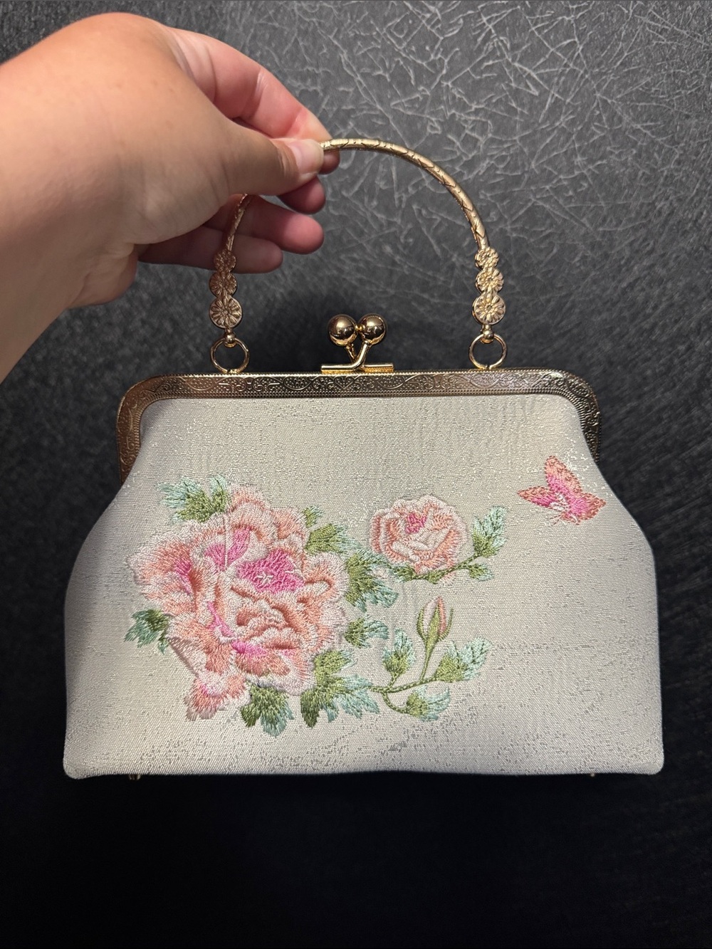 Embroidered Cream Floral Top-Handle Clutch with Gold Frame